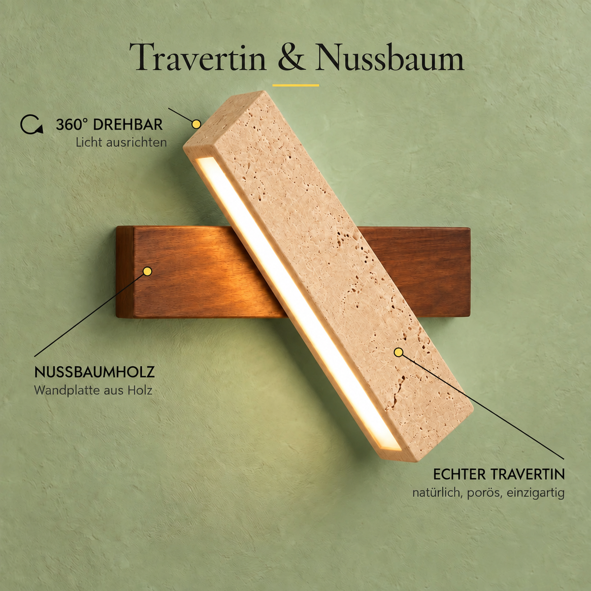 Diagonal Natural Stone LED Wall Light, Wood Backplate – view 3 | BROKLEN