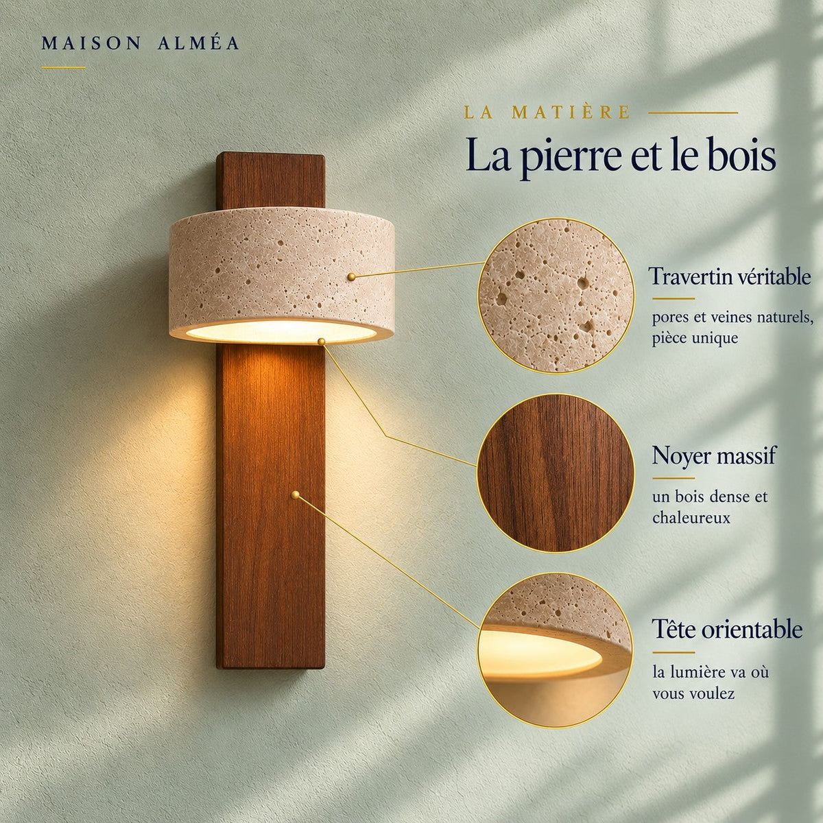Travertine and Walnut Wall Light, Adjustable Head – view 3 | BROKLEN