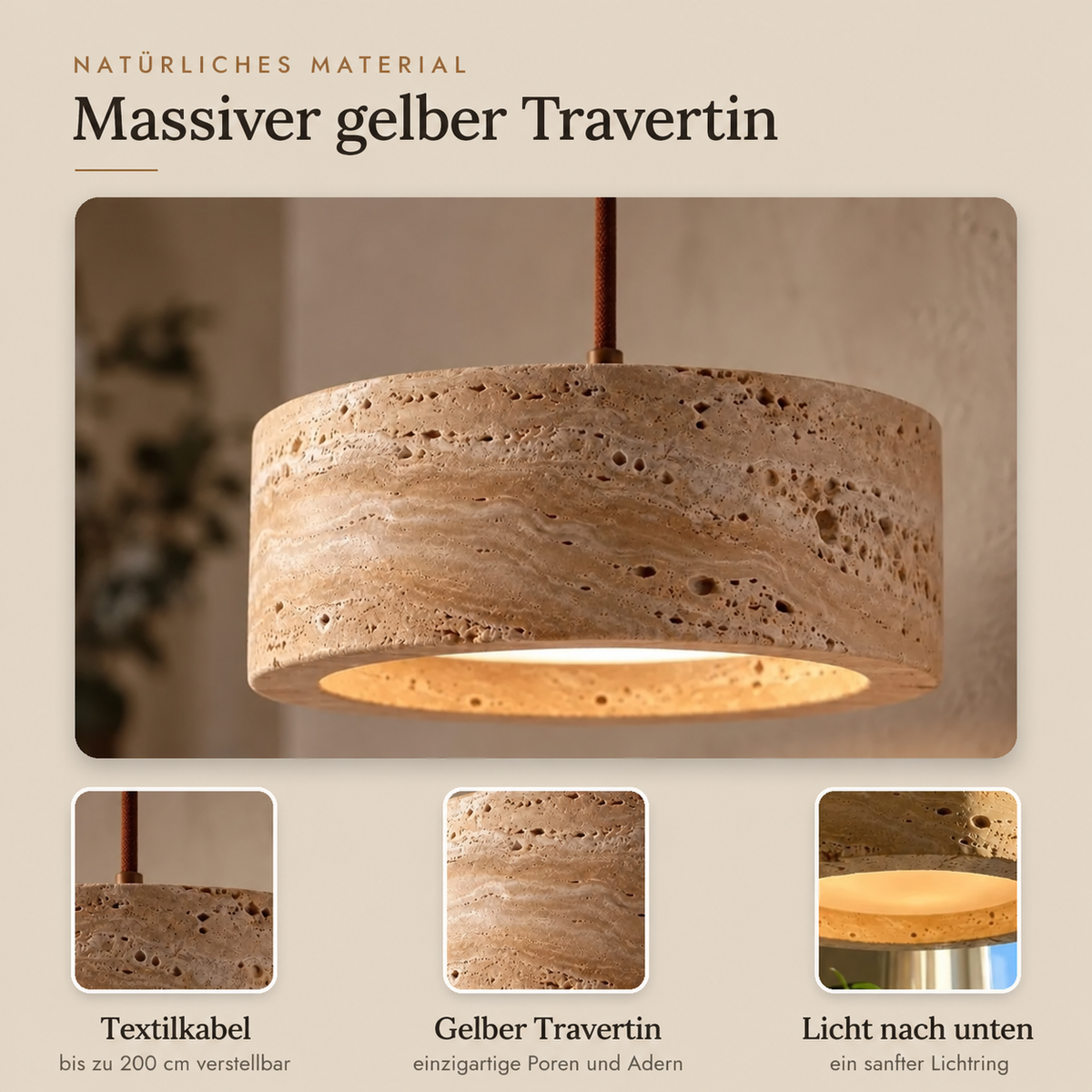 Yellow Travertine Drum Pendant Light, Ø 20 cm – view 4 | BROKLEN