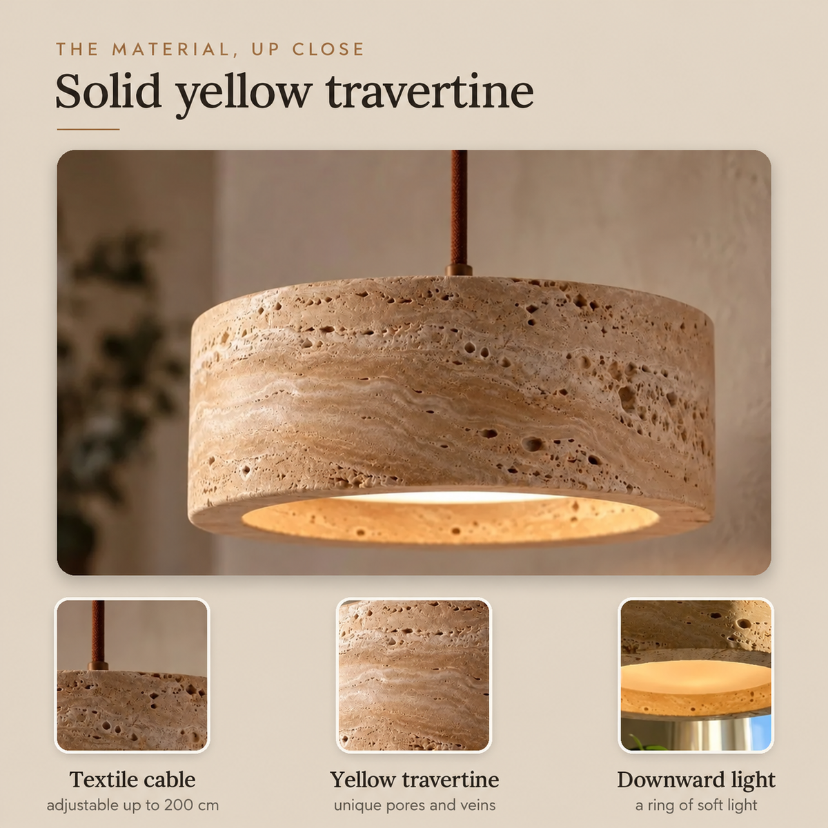Yellow Travertine Drum Pendant Light, Ø 20 cm – view 5 | BROKLEN