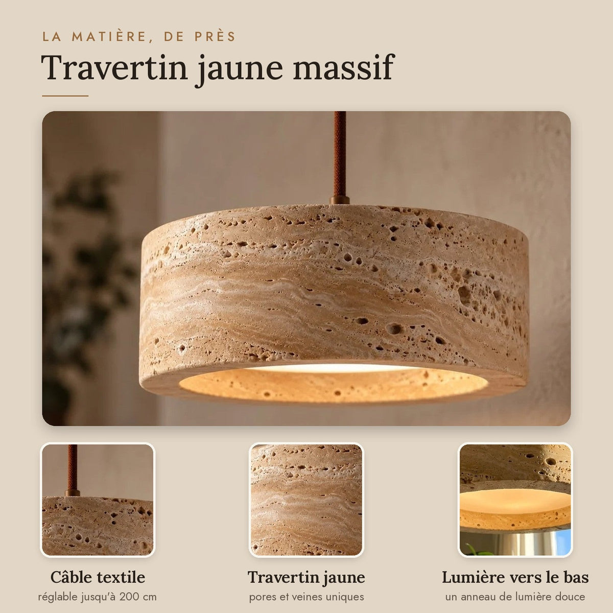 Yellow Travertine Drum Pendant Light, Ø 20 cm – view 3 | BROKLEN