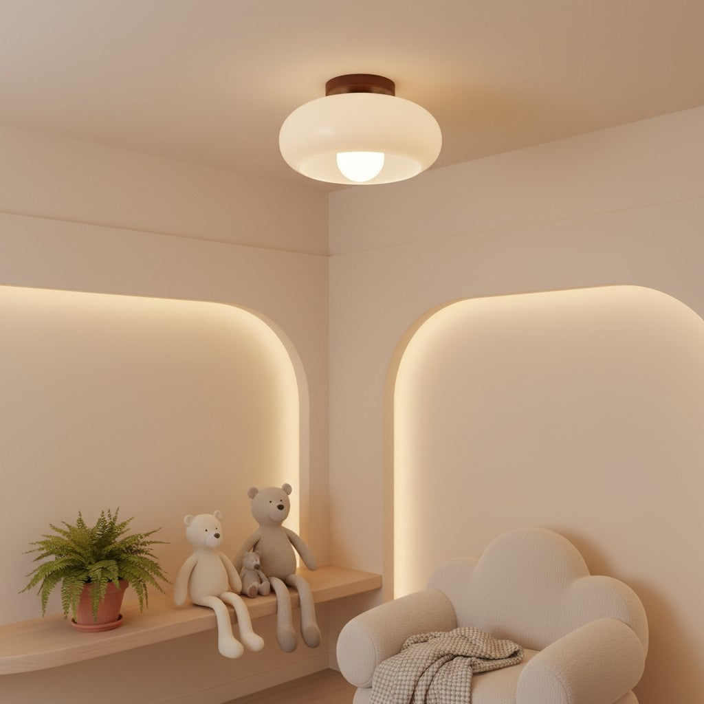 Bauhaus Ceiling Light with Opal Glass and Walnut Base
