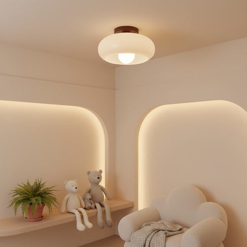 Bauhaus Ceiling Light with Opal Glass and Walnut Base