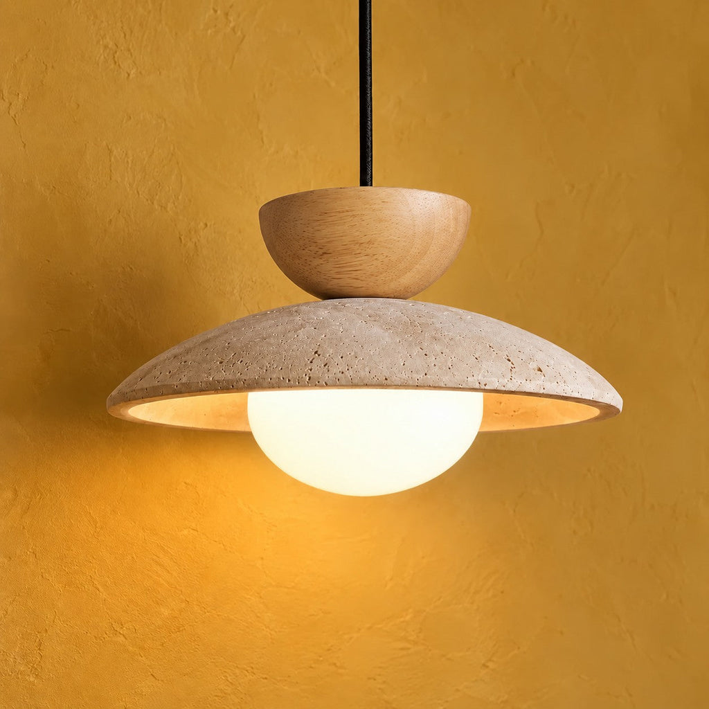 Travertine and Wood Disc Pendant Light, Ø 21 cm – view 16 | BROKLEN