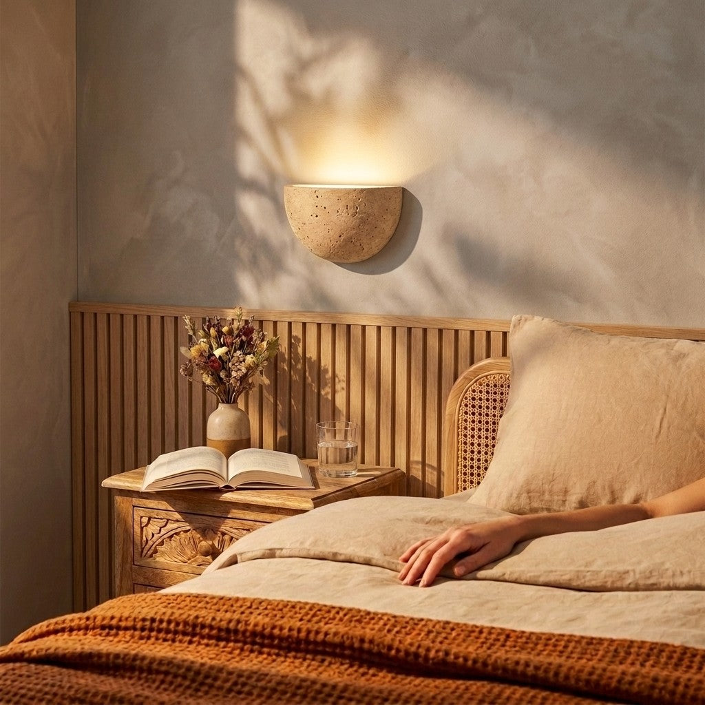 Half-Moon Travertine Wall Light, Indirect Uplight – view 3 | BROKLEN