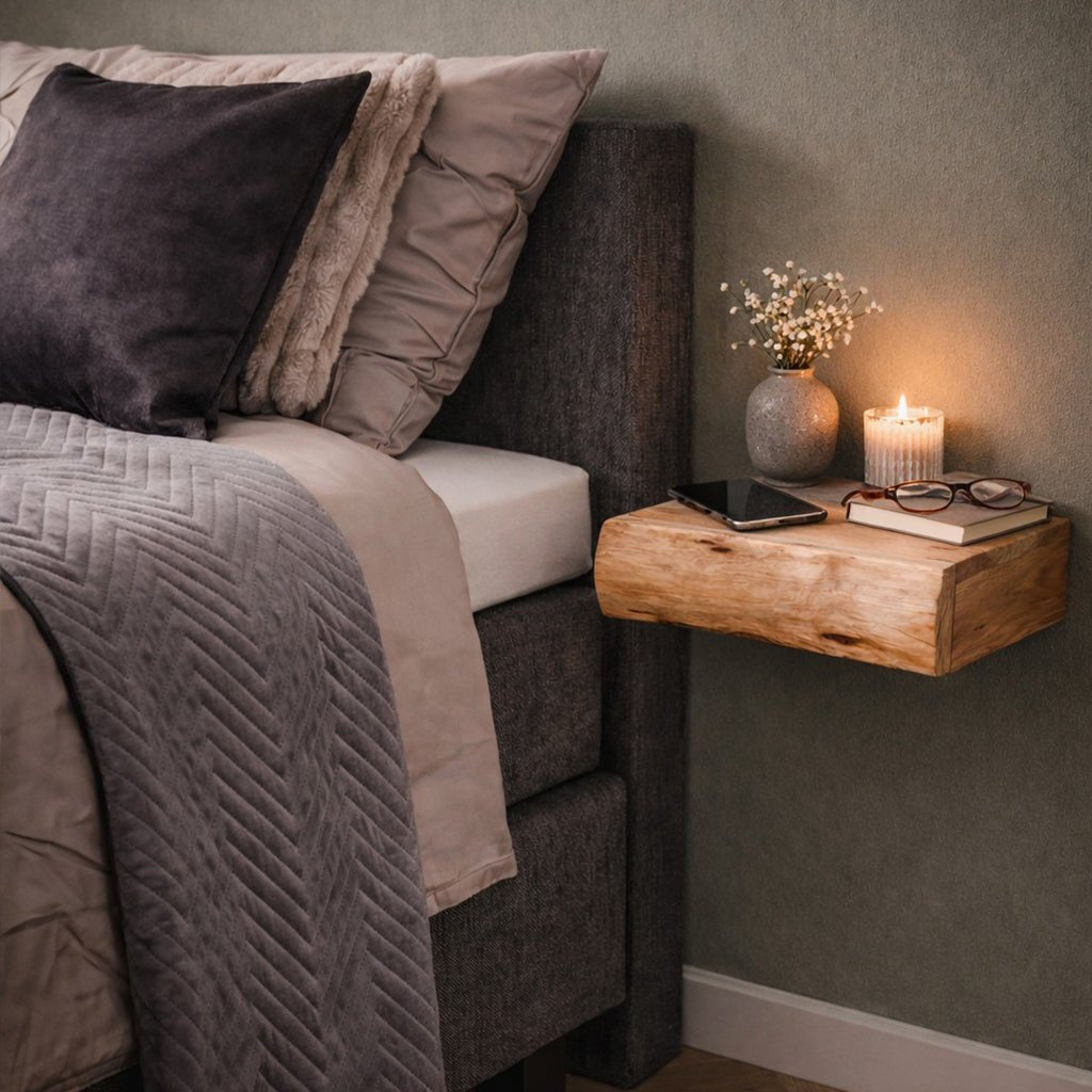 Floating Acacia Wood Bedside Shelf – view 3 | BROKLEN