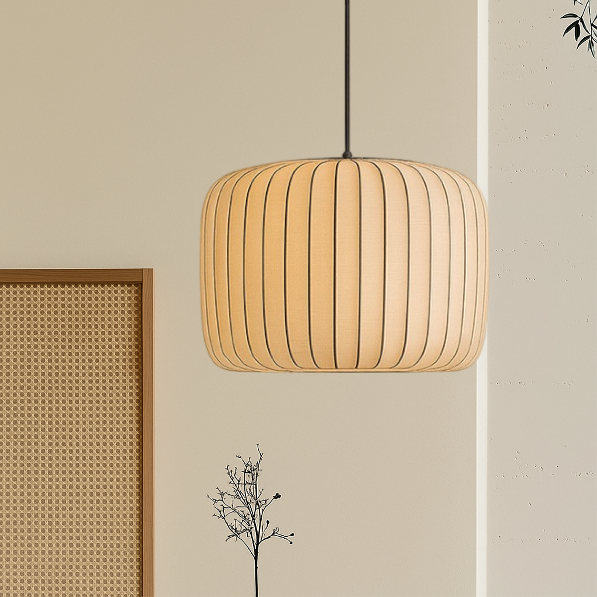Ribbed Silk Pendant Lamp with Pleated Shade