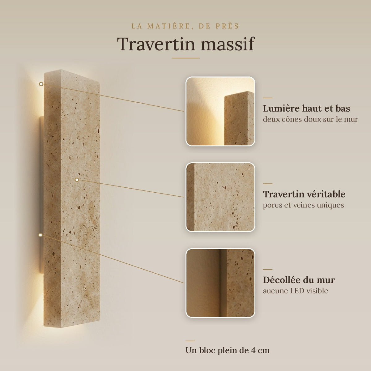 Travertine LED Wall Light for Indoor and Outdoor Use, 18W – view 3 | BROKLEN