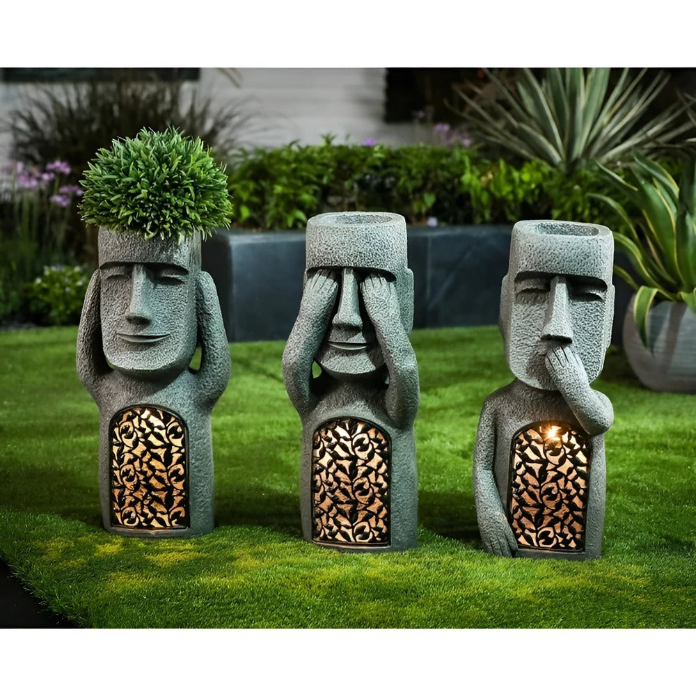 Solar Garden Sculpture Set Stone Effect Island Head Figures