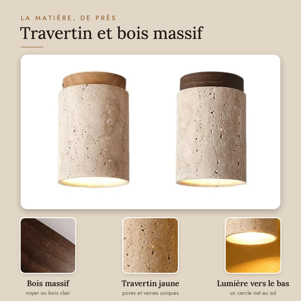 Travertine and Wood Ceiling Spotlight, Ø 12 cm – view 3 | BROKLEN