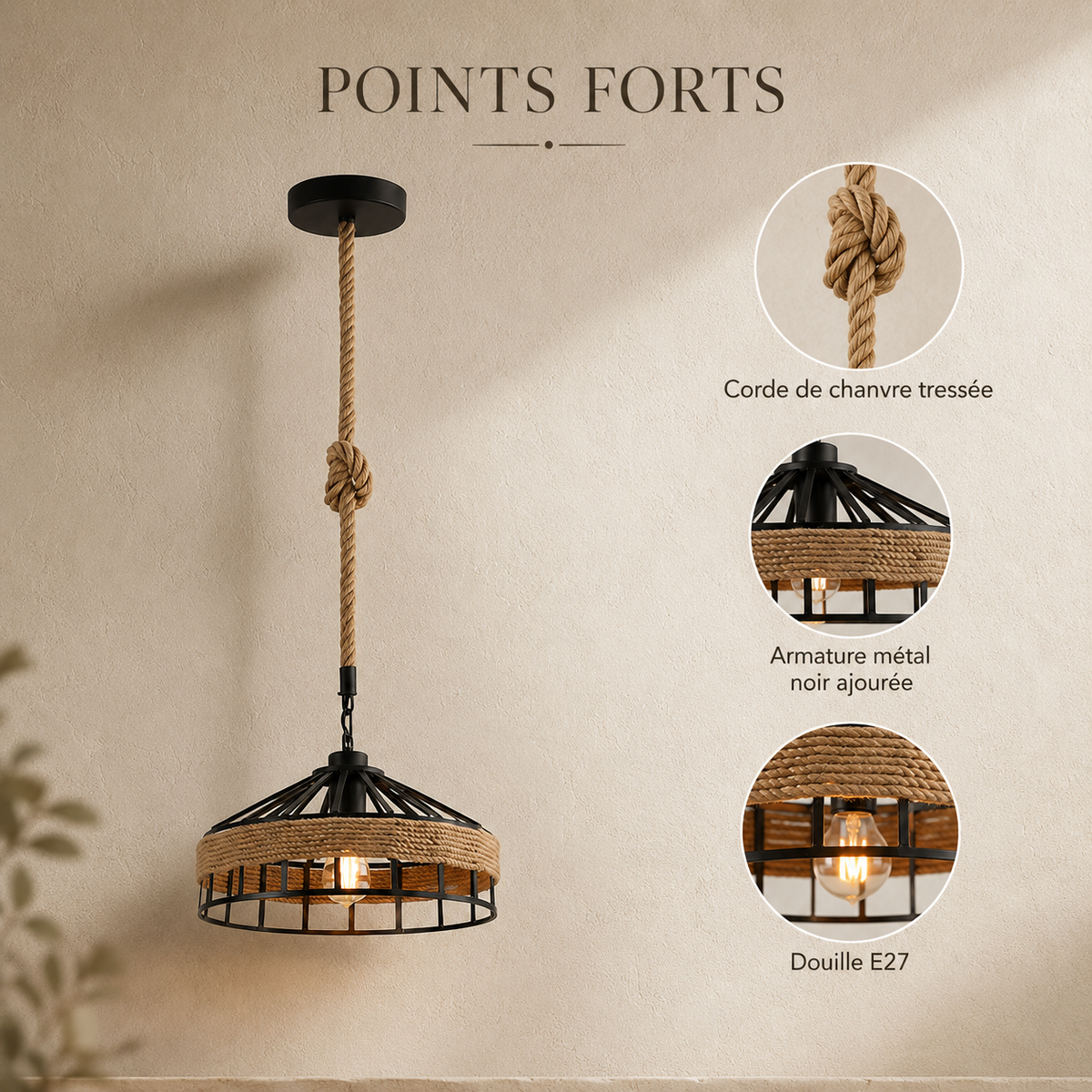 Industrial Rope and Black Metal Pendant Light, Ø 30 cm – view 5 | BROKLEN