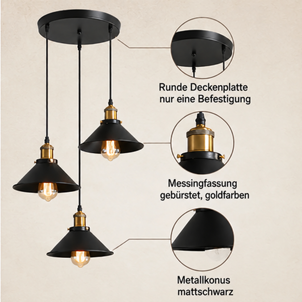 Vintage Black Metal 3-Light Chandelier with Cone Shades, E27 – view 6 | BROKLEN