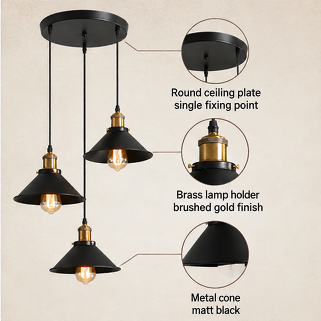 Vintage Black Metal 3-Light Chandelier with Cone Shades, E27 – view 7 | BROKLEN