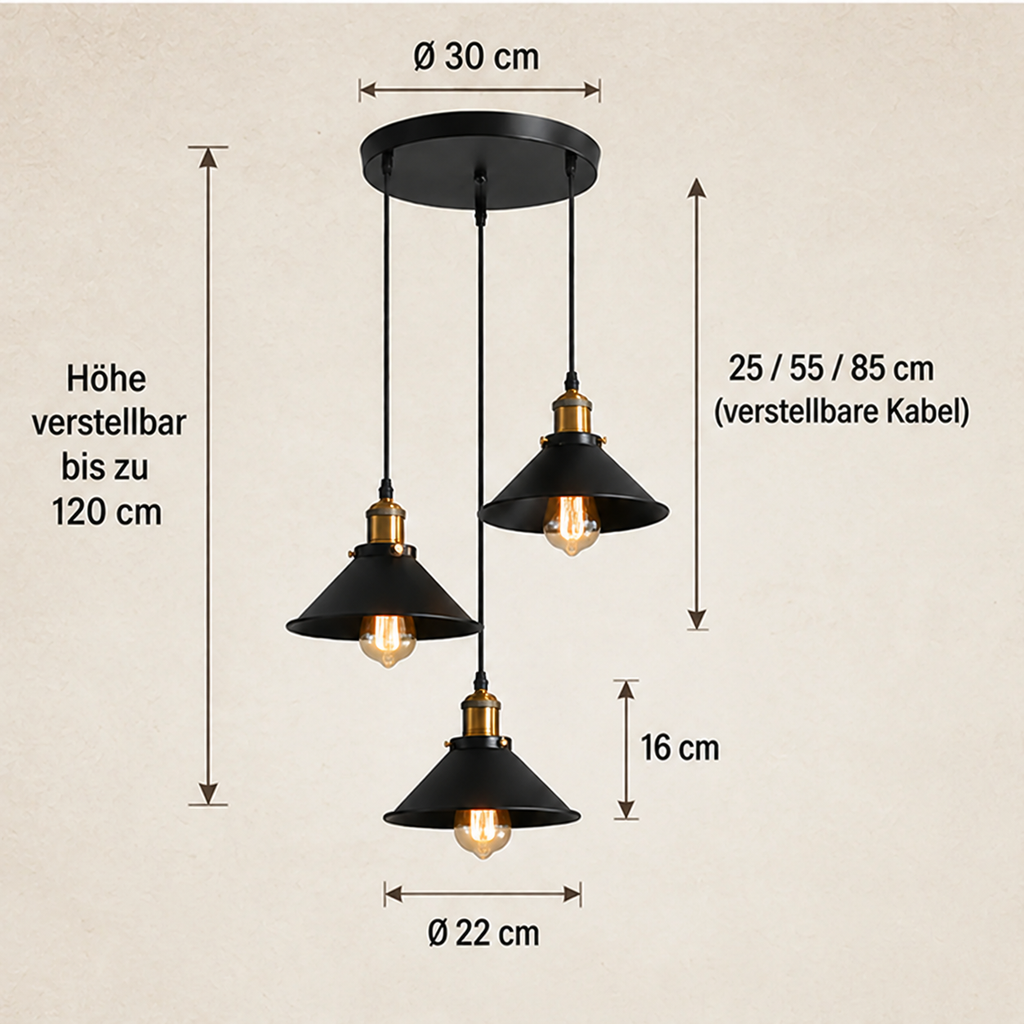 Vintage Black Metal 3-Light Chandelier with Cone Shades, E27 – view 10 | BROKLEN
