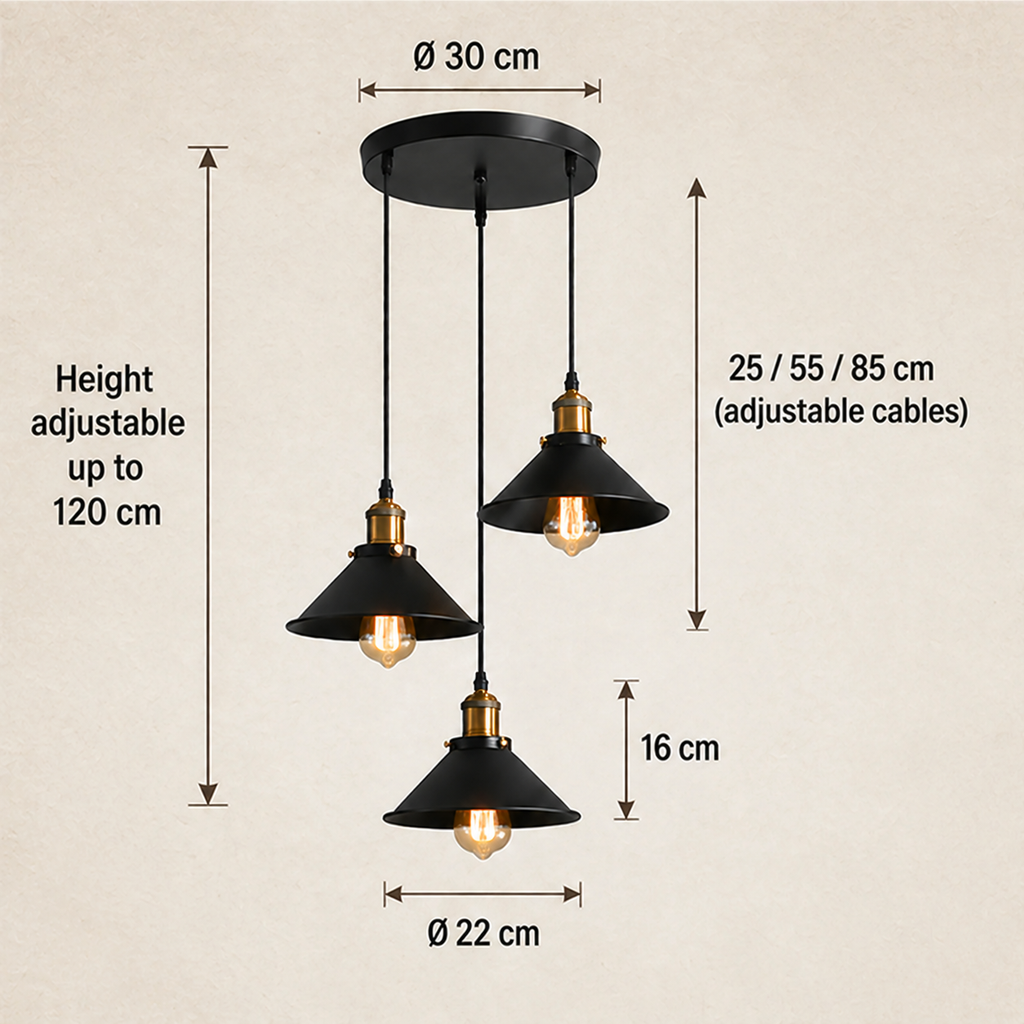 Vintage Black Metal 3-Light Chandelier with Cone Shades, E27 – view 11 | BROKLEN