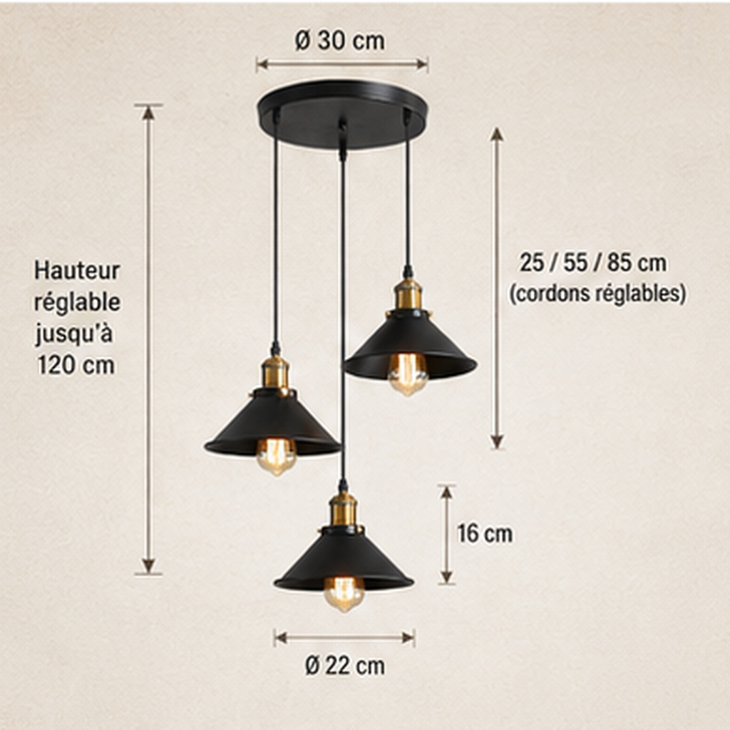 Vintage Black Metal 3-Light Chandelier with Cone Shades, E27 – view 9 | BROKLEN