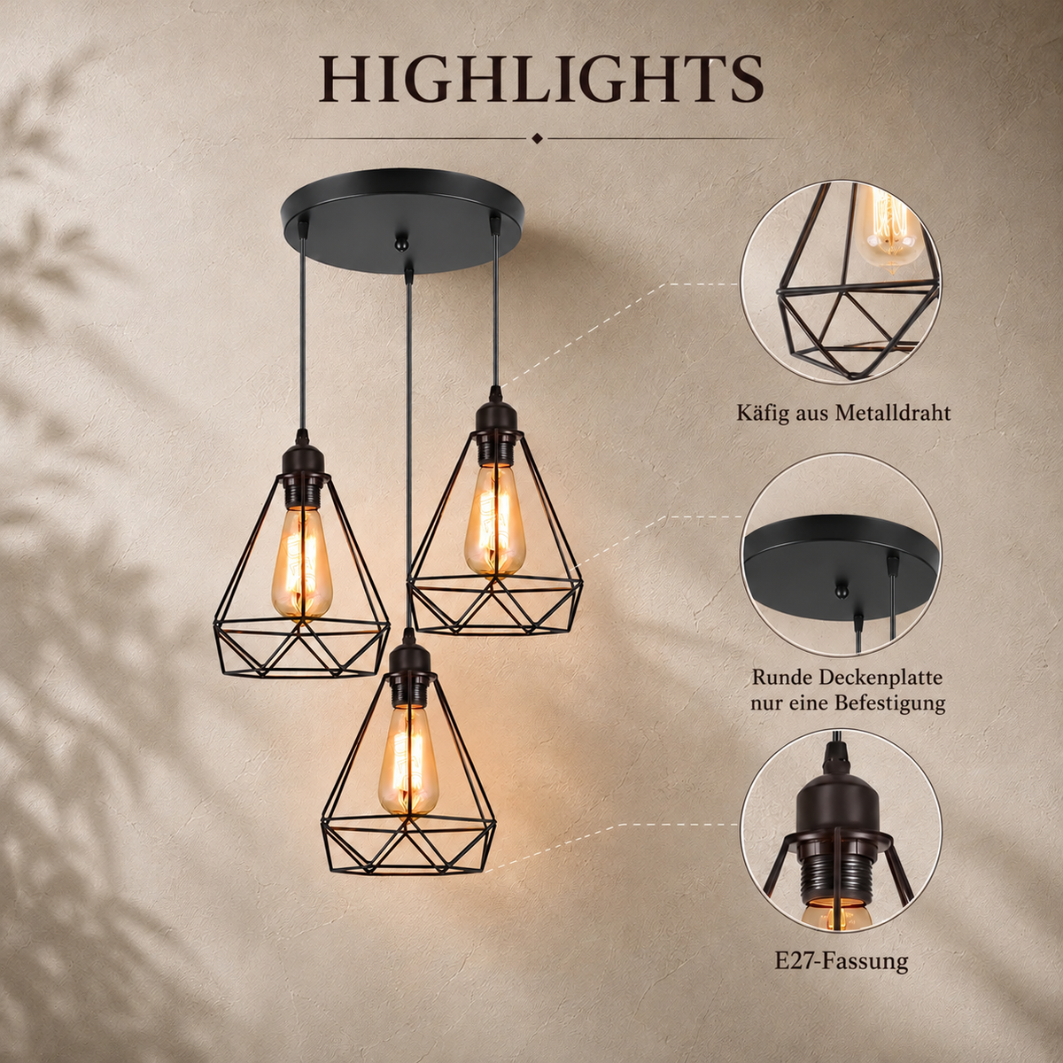 Industrial Black Metal Cage 3-Light Chandelier – view 6 | BROKLEN