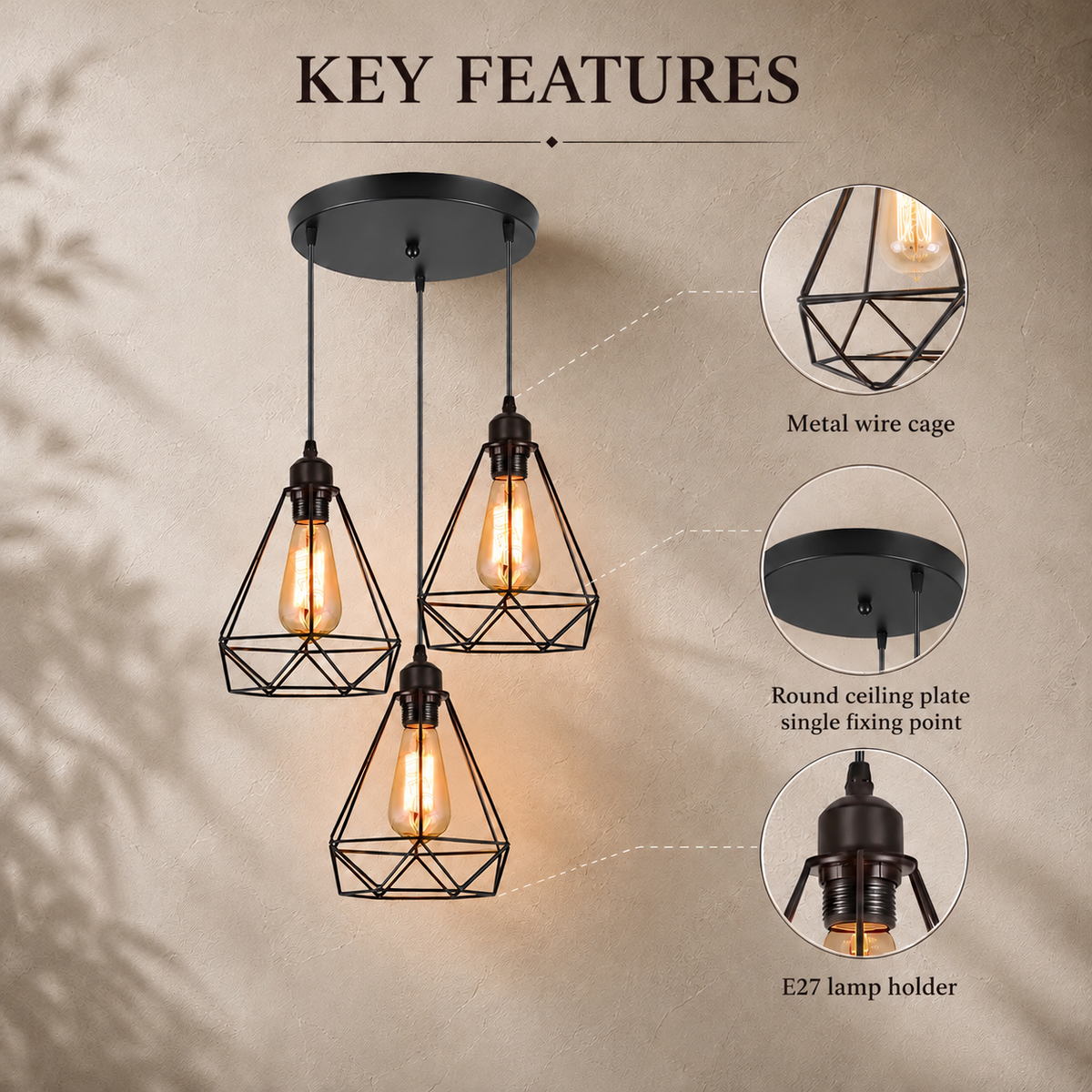 Industrial Black Metal Cage 3-Light Chandelier – view 7 | BROKLEN