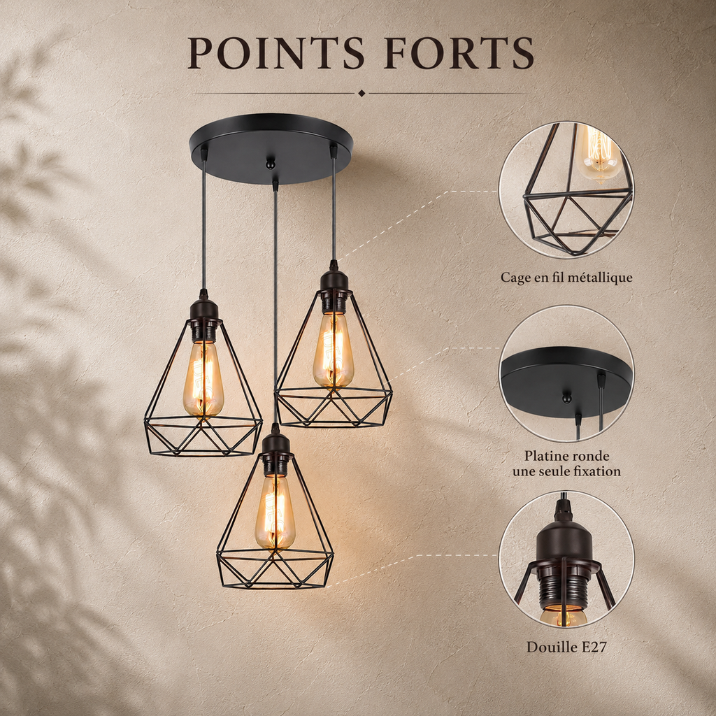 Industrial Black Metal Cage 3-Light Chandelier – view 5 | BROKLEN