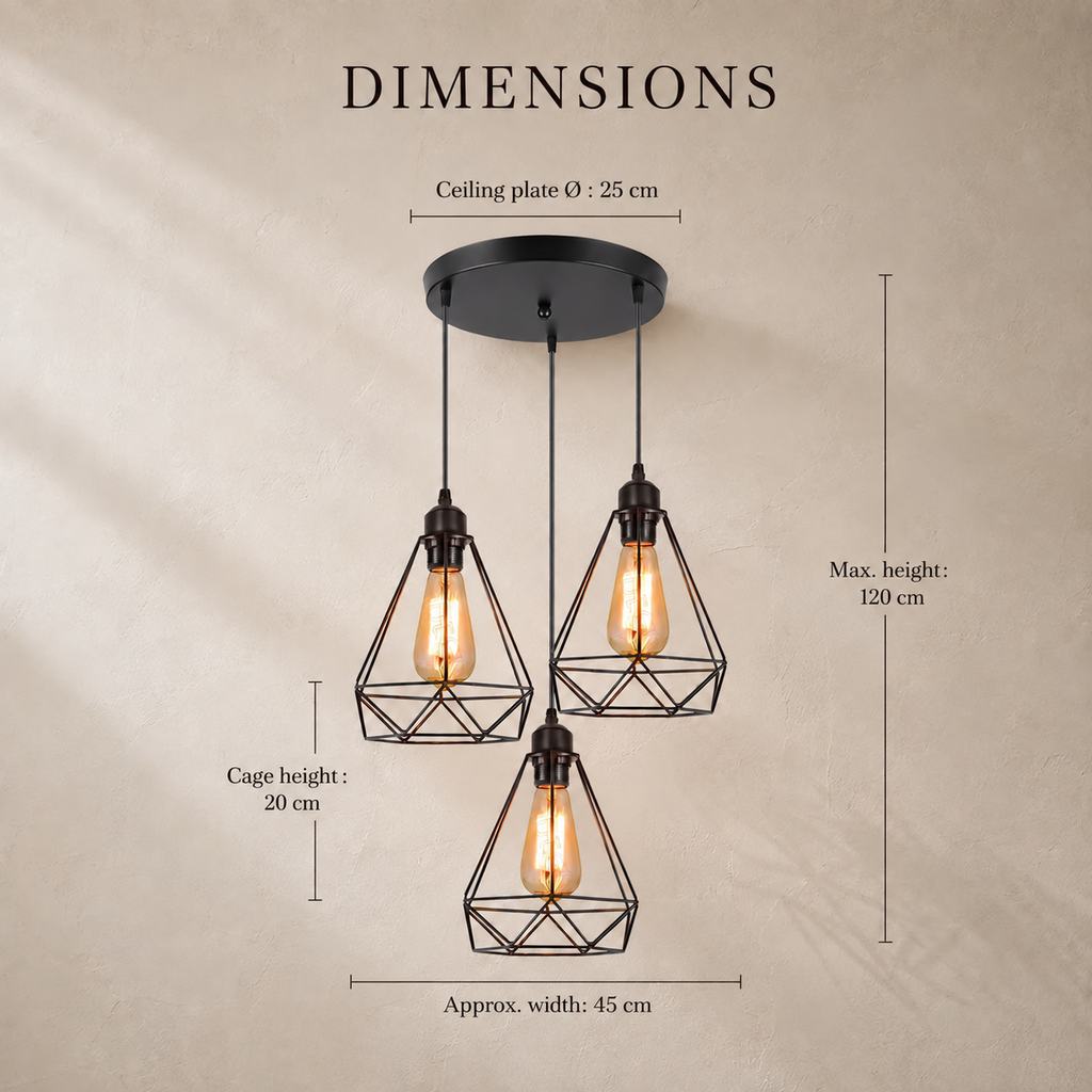 Industrial Black Metal Cage 3-Light Chandelier – view 11 | BROKLEN