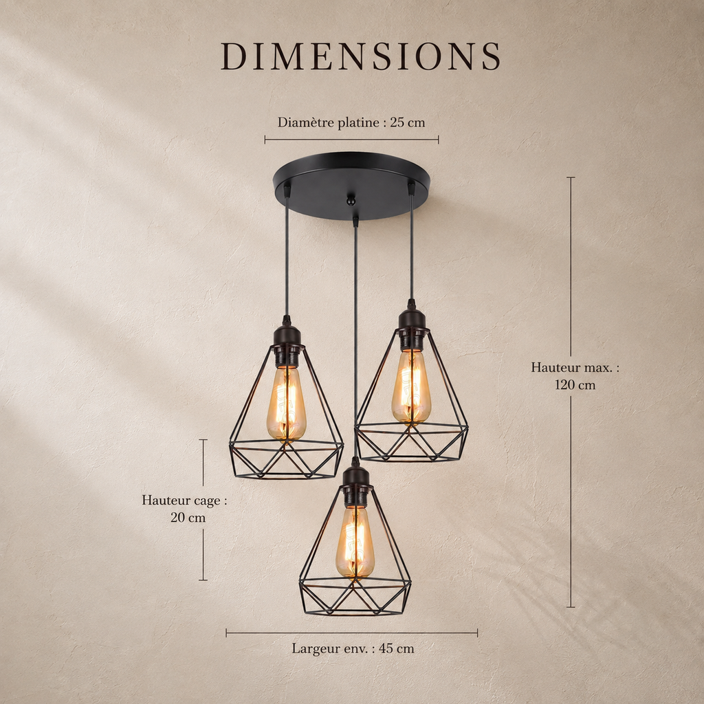 Industrial Black Metal Cage 3-Light Chandelier – view 9 | BROKLEN