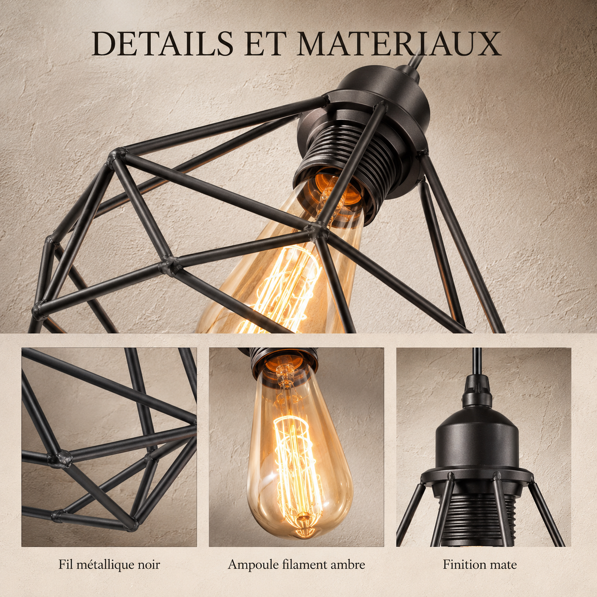 Industrial Black Metal Cage 3-Light Chandelier – view 13 | BROKLEN