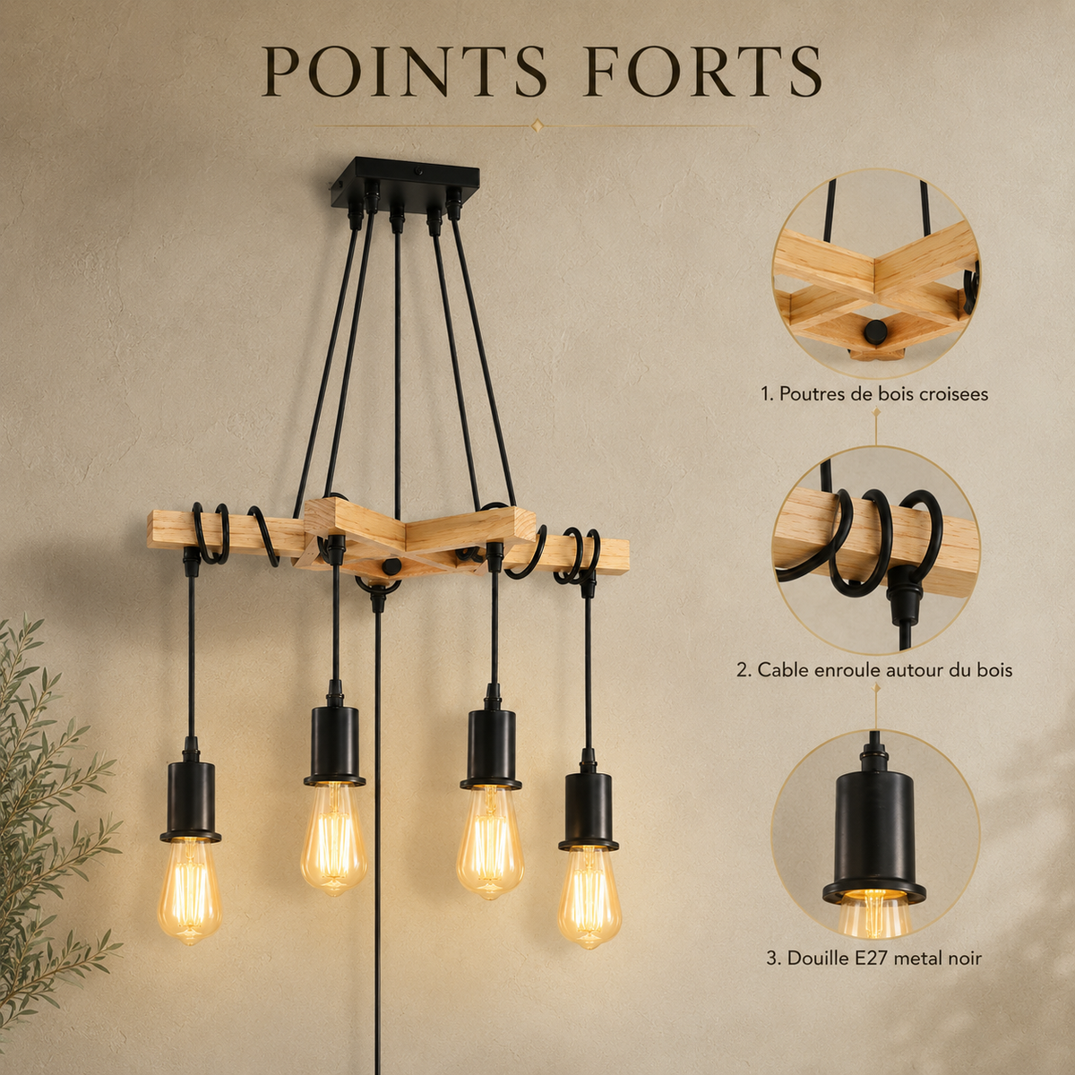 Vintage Wood and Black Metal 4-Light Chandelier, E27 – view 5 | BROKLEN