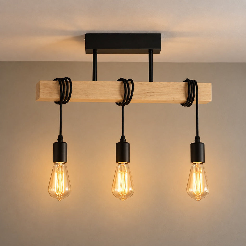 Industrial Wood Beam 3-Light Pendant, E27 – view 3 | BROKLEN