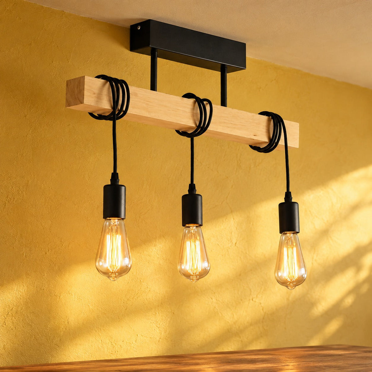 Industrial Wood Beam 3-Light Pendant, E27