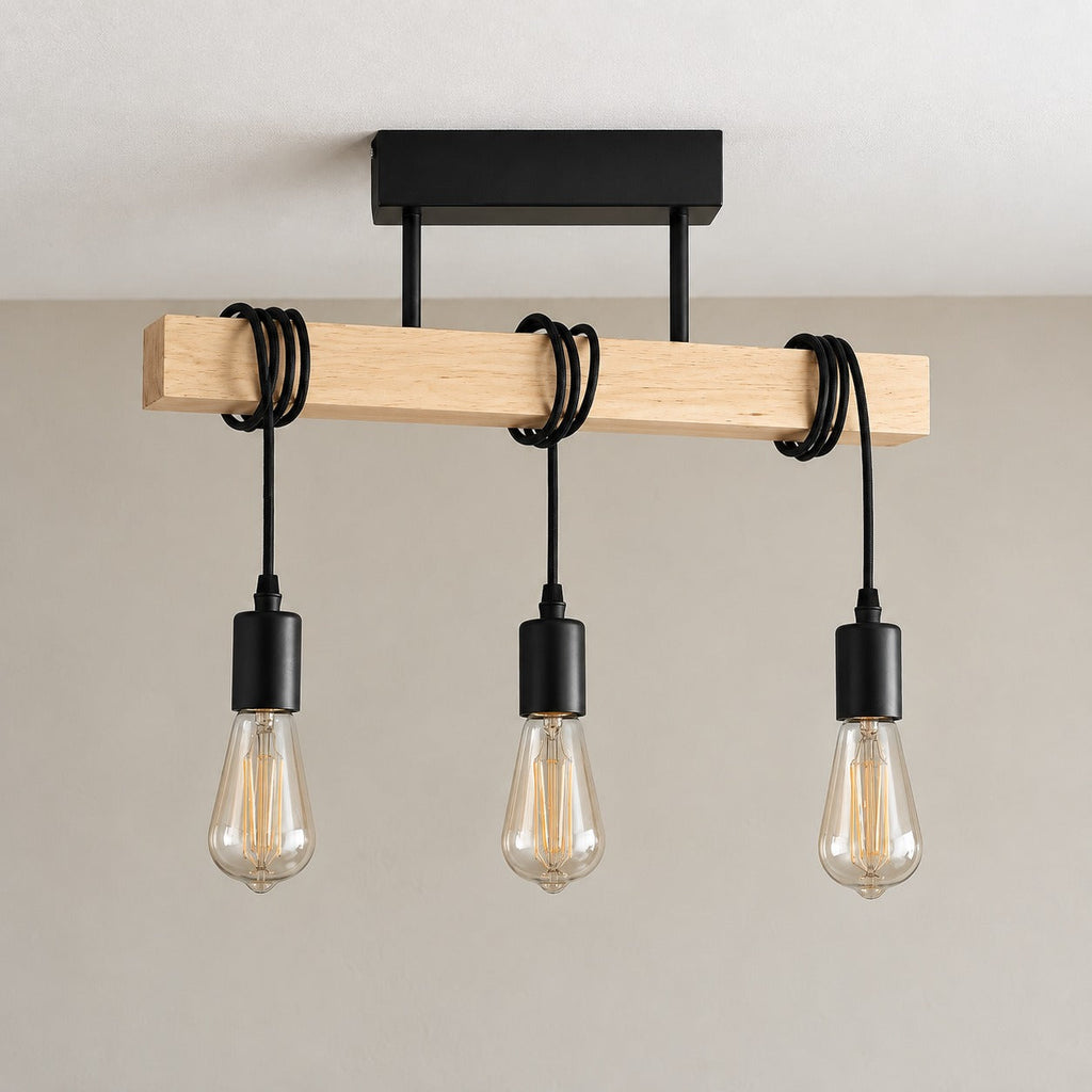 Industrial Wood Beam 3-Light Pendant, E27 – view 2 | BROKLEN
