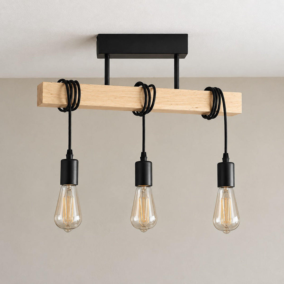 Industrial Wood Beam 3-Light Pendant, E27 – view 2 | BROKLEN
