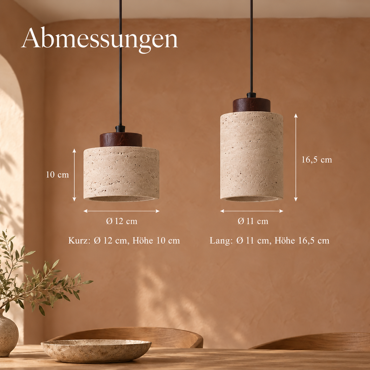 Cylindrical Travertine Pendant Light with Walnut Ceiling Rose – view 9 | BROKLEN
