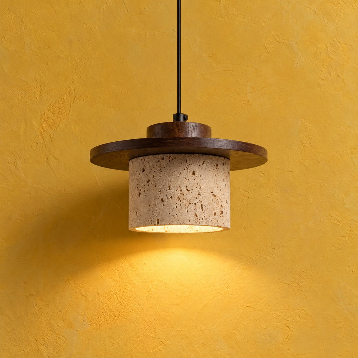 Travertine Pendant Light with Wooden Disc, Ø 20 cm