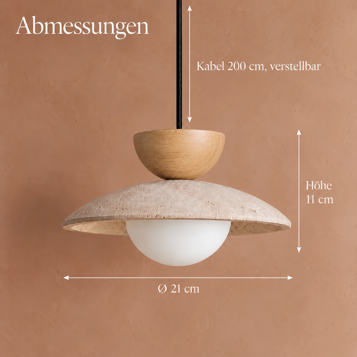 Travertine and Wood Disc Pendant Light, Ø 21 cm – view 20 | BROKLEN