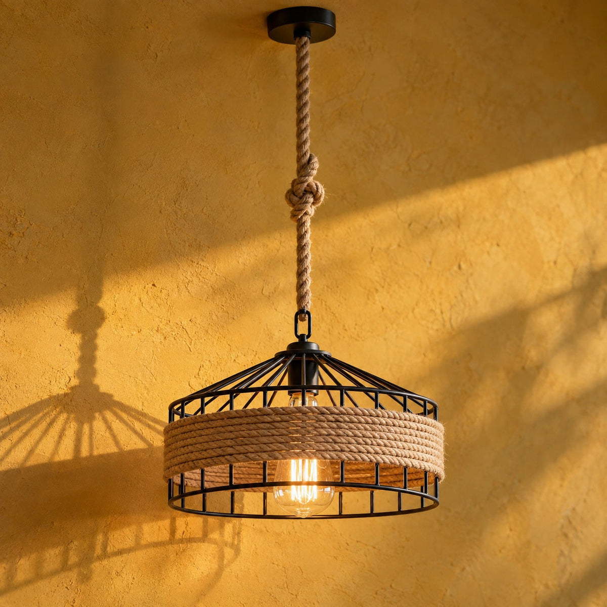 Industrial Rope and Black Metal Pendant Light, Ø 30 cm