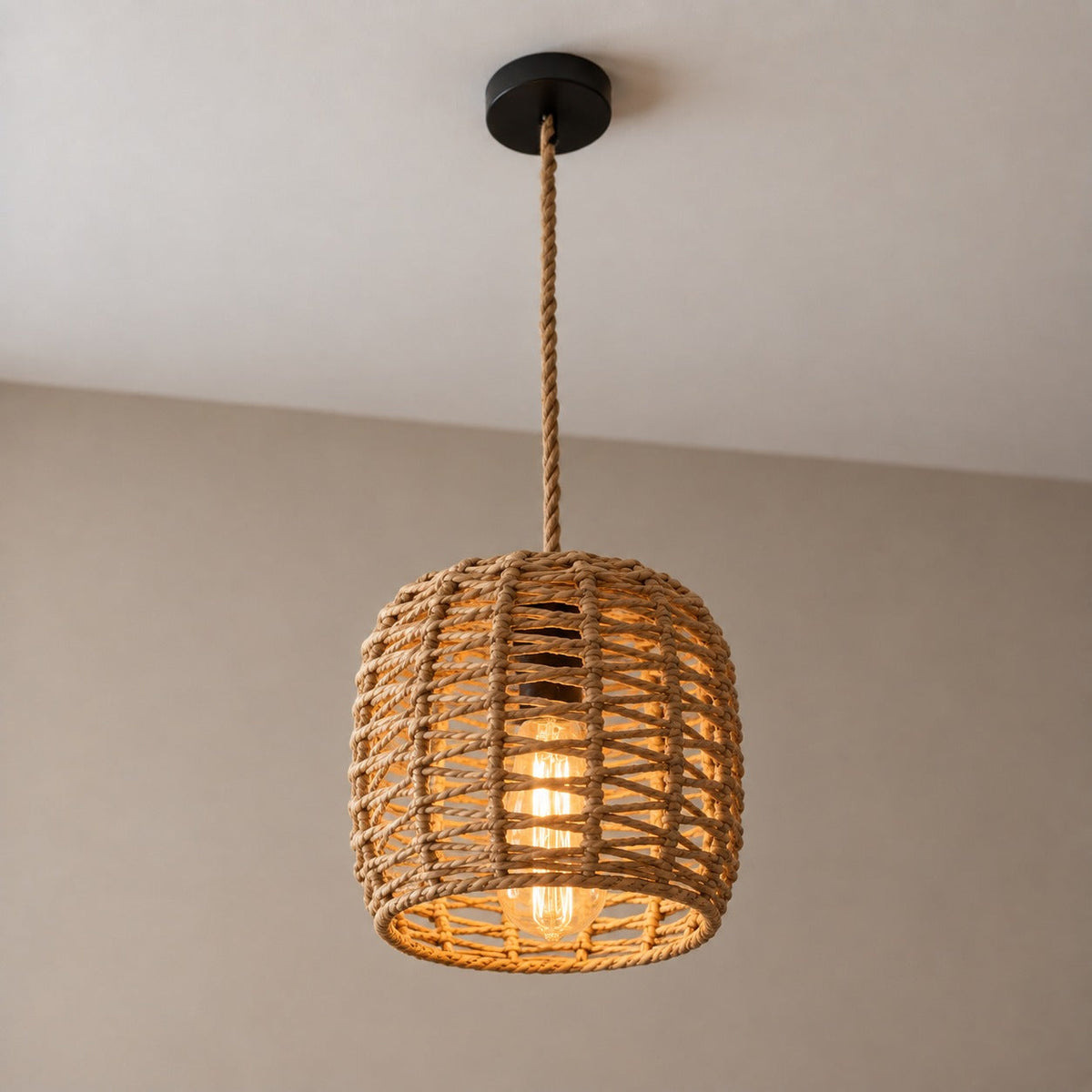 Hand-Woven Rattan Cylinder Pendant Light, E27 – view 4 | BROKLEN