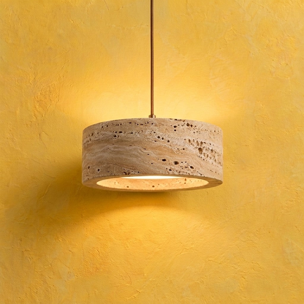 Yellow Travertine Drum Pendant Light, Ø 20 cm
