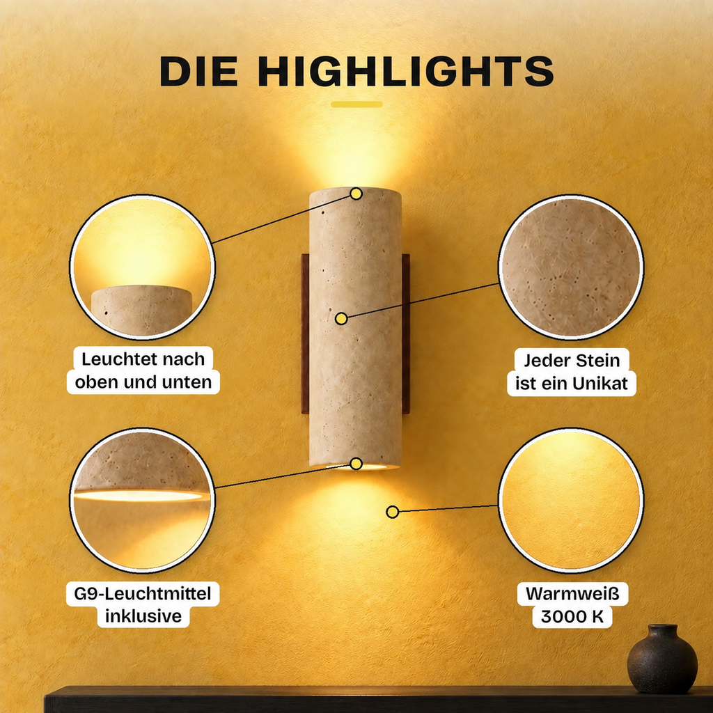 Travertine and Wood Up-Down Wall Light, Vintage Style – view 8 | BROKLEN
