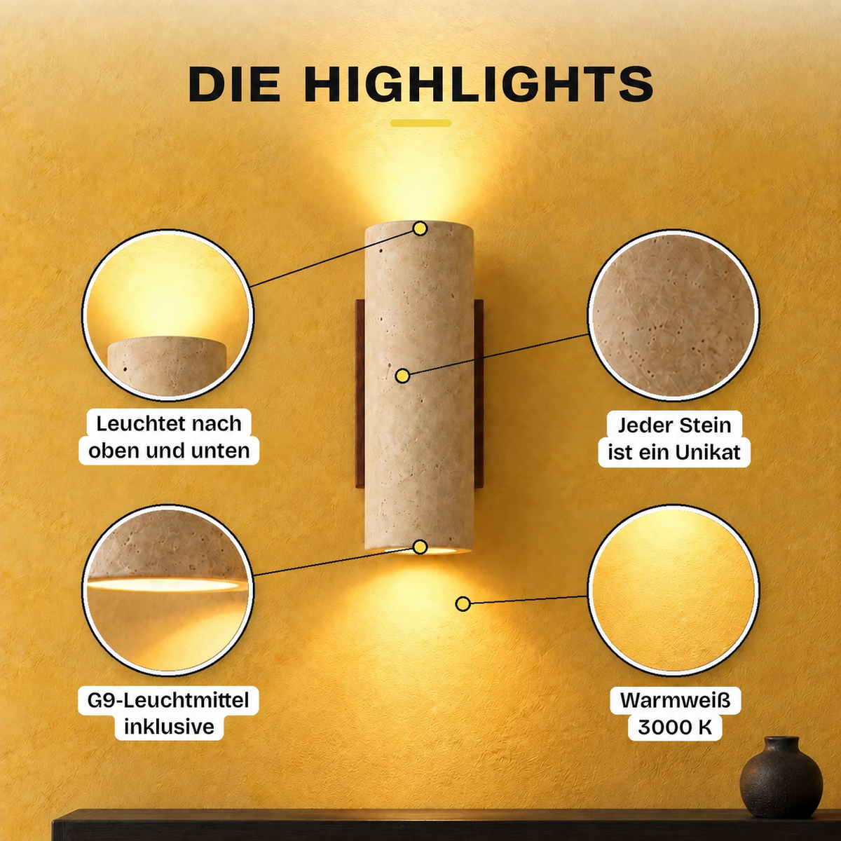 Travertine and Wood Up-Down Wall Light, Vintage Style – view 8 | BROKLEN