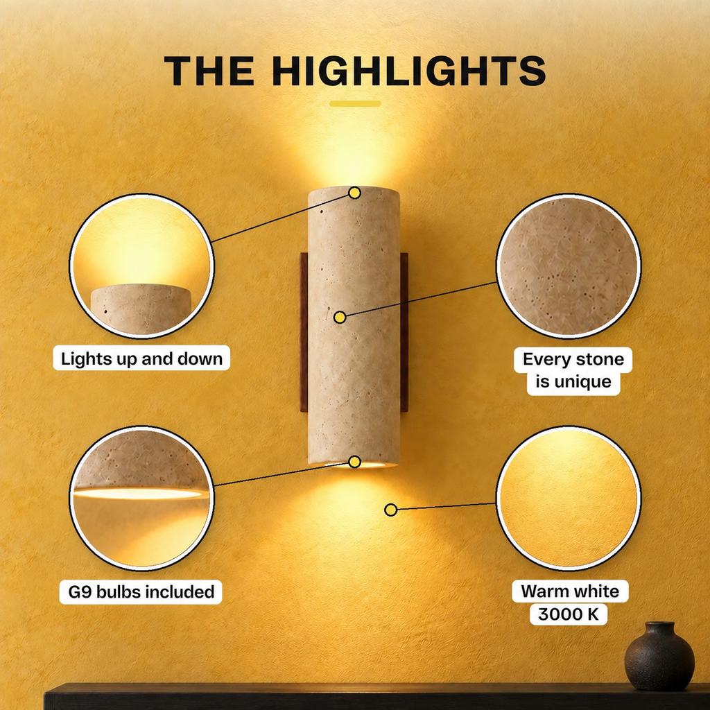 Travertine and Wood Up-Down Wall Light, Vintage Style – view 9 | BROKLEN