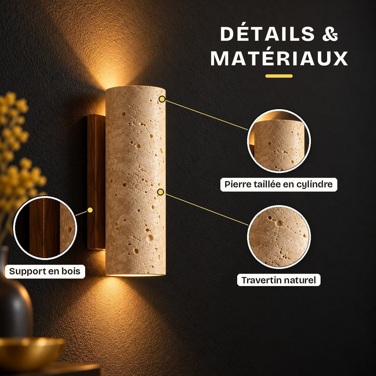 Travertine and Wood Up-Down Wall Light, Vintage Style – view 13 | BROKLEN