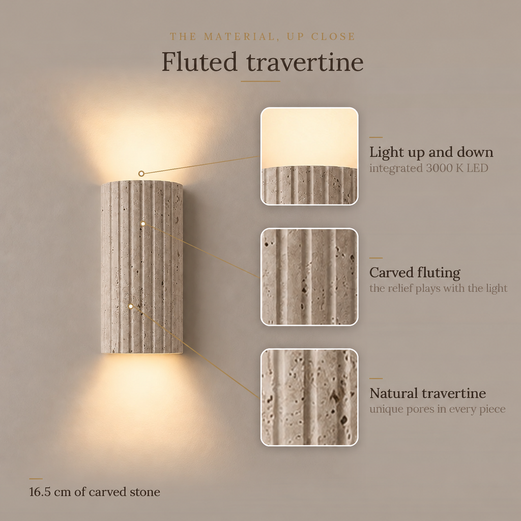 Fluted 3D Travertine Wall Light, Warm White LED – view 5 | BROKLEN