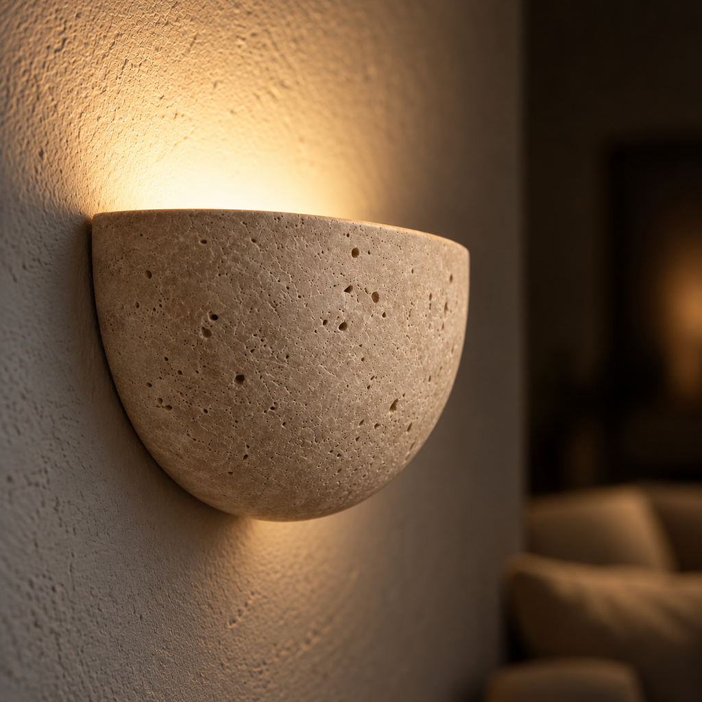 Half-Moon Travertine Wall Light, Indirect Uplight – view 4 | BROKLEN