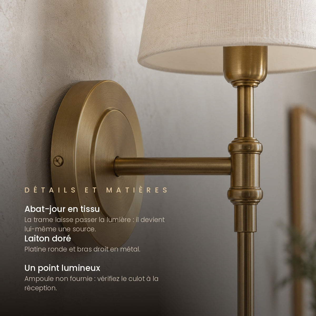 Gold Wall Light with Fabric Shade, Country Style – view 6 | BROKLEN