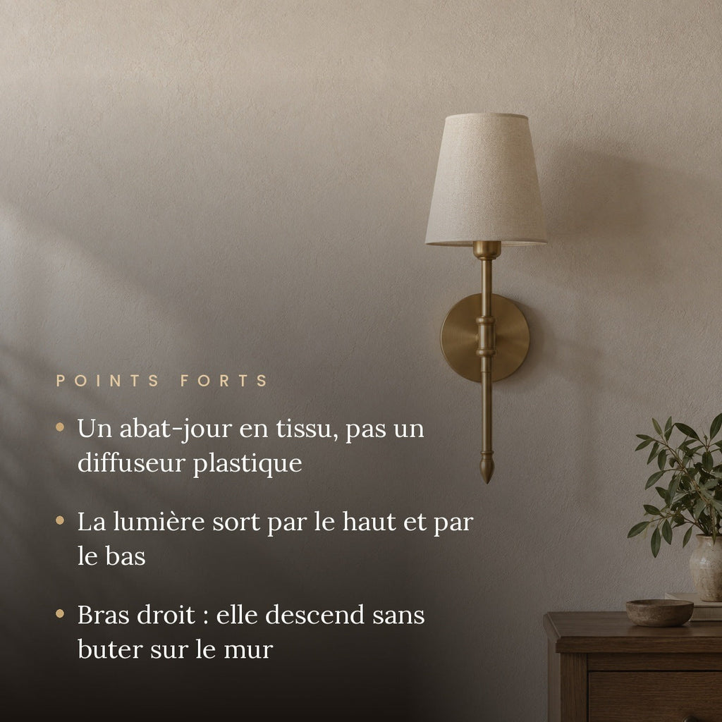 Gold Wall Light with Fabric Shade, Country Style – view 2 | BROKLEN