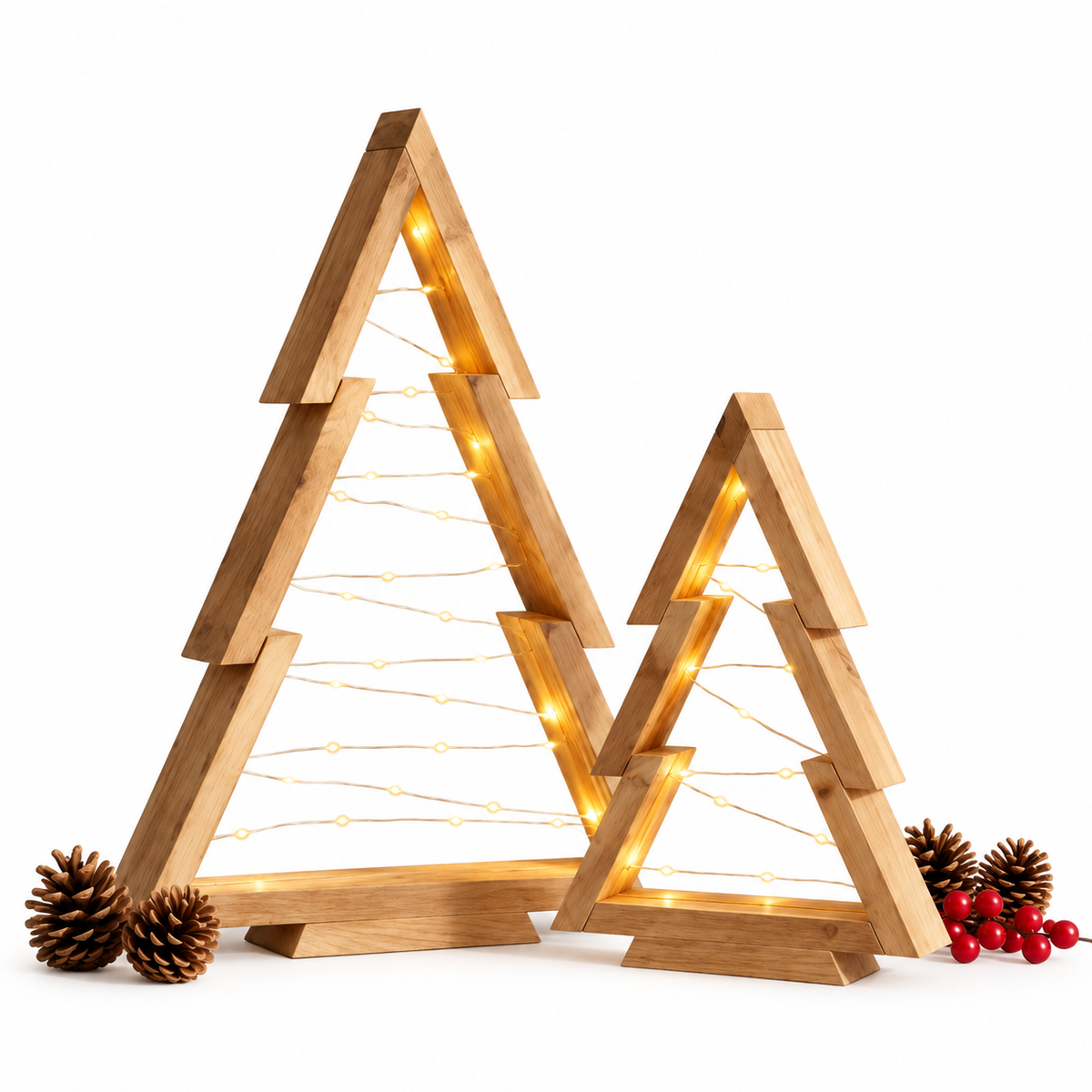 Wooden Christmas Tree LED Decoration – Set of 2
