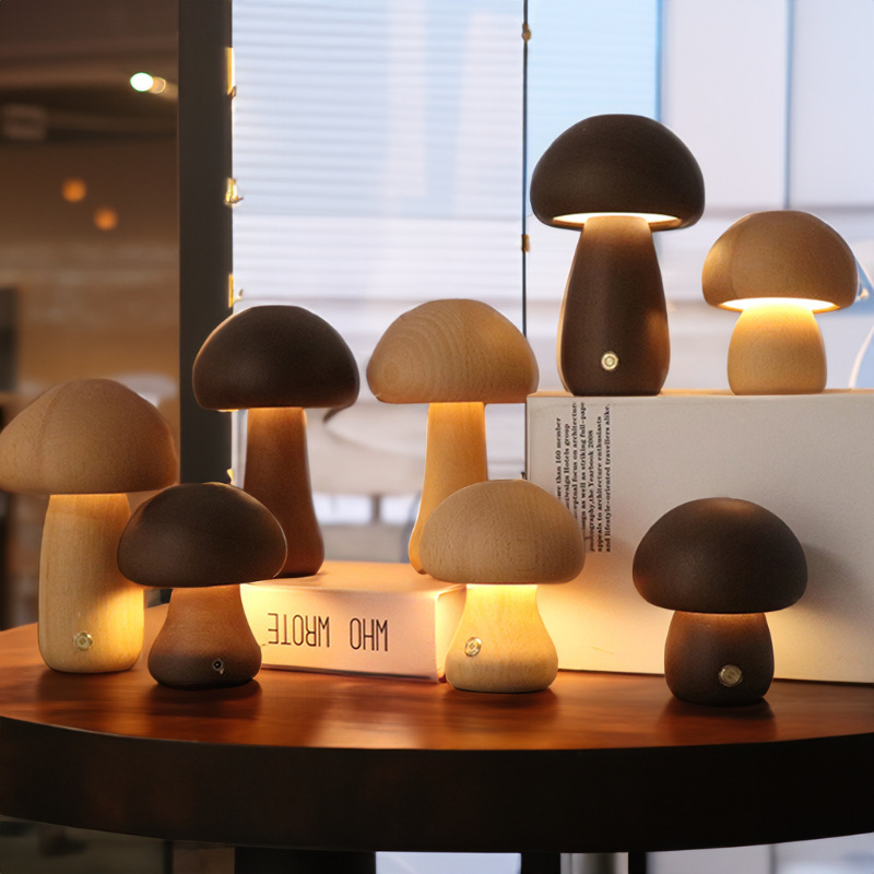 Wooden Mushroom Bedside Lamp with Push Button